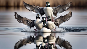 Photo illustrating the scene of Bufflehead ducks making their landing, with the unique twist of being viewed from the eyes of a duck
