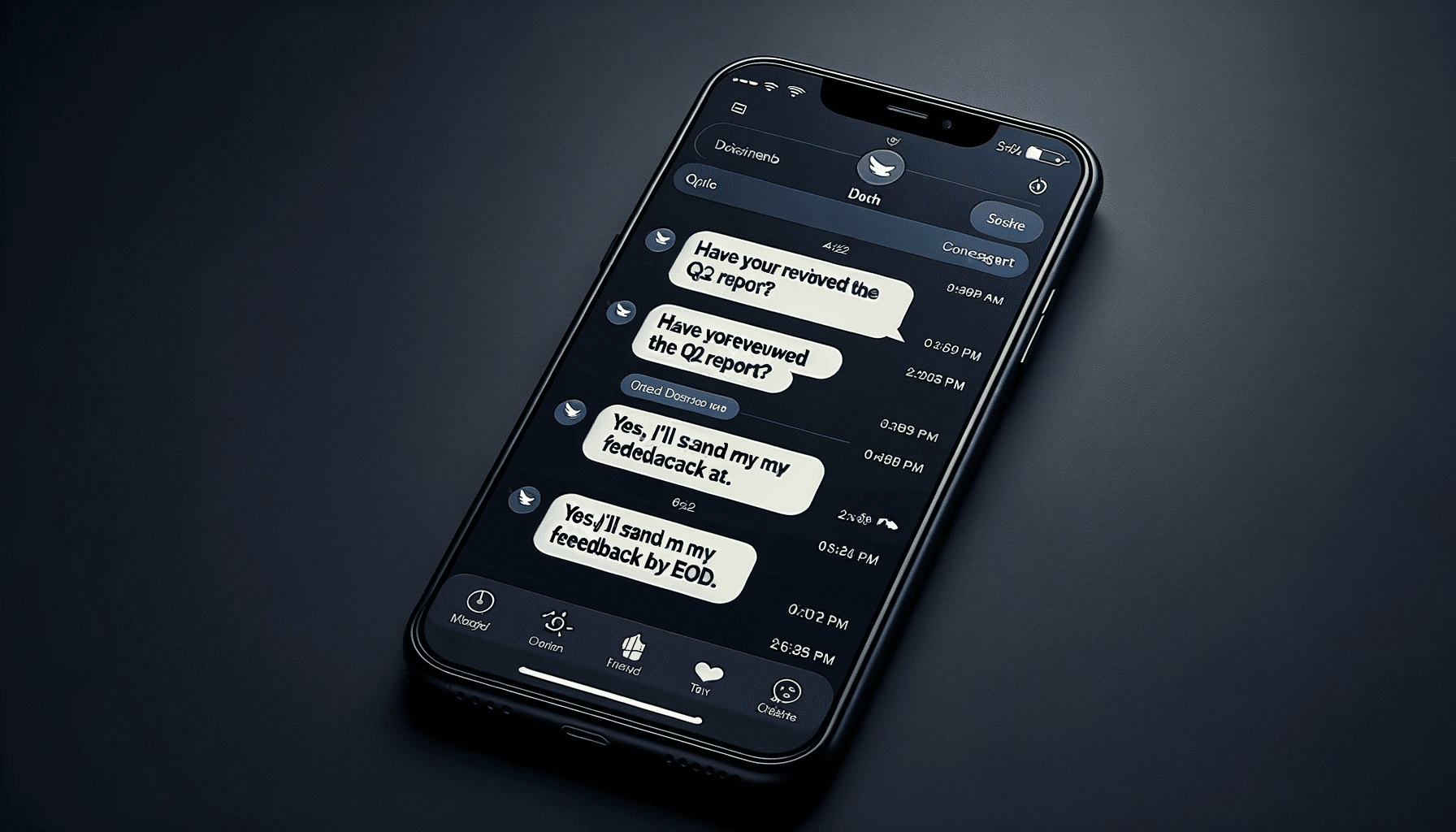 Photo of a smartphone screen displaying a business-oriented text messaging app. Photo of a smartphone screen displaying a business-oriented text messaging app.