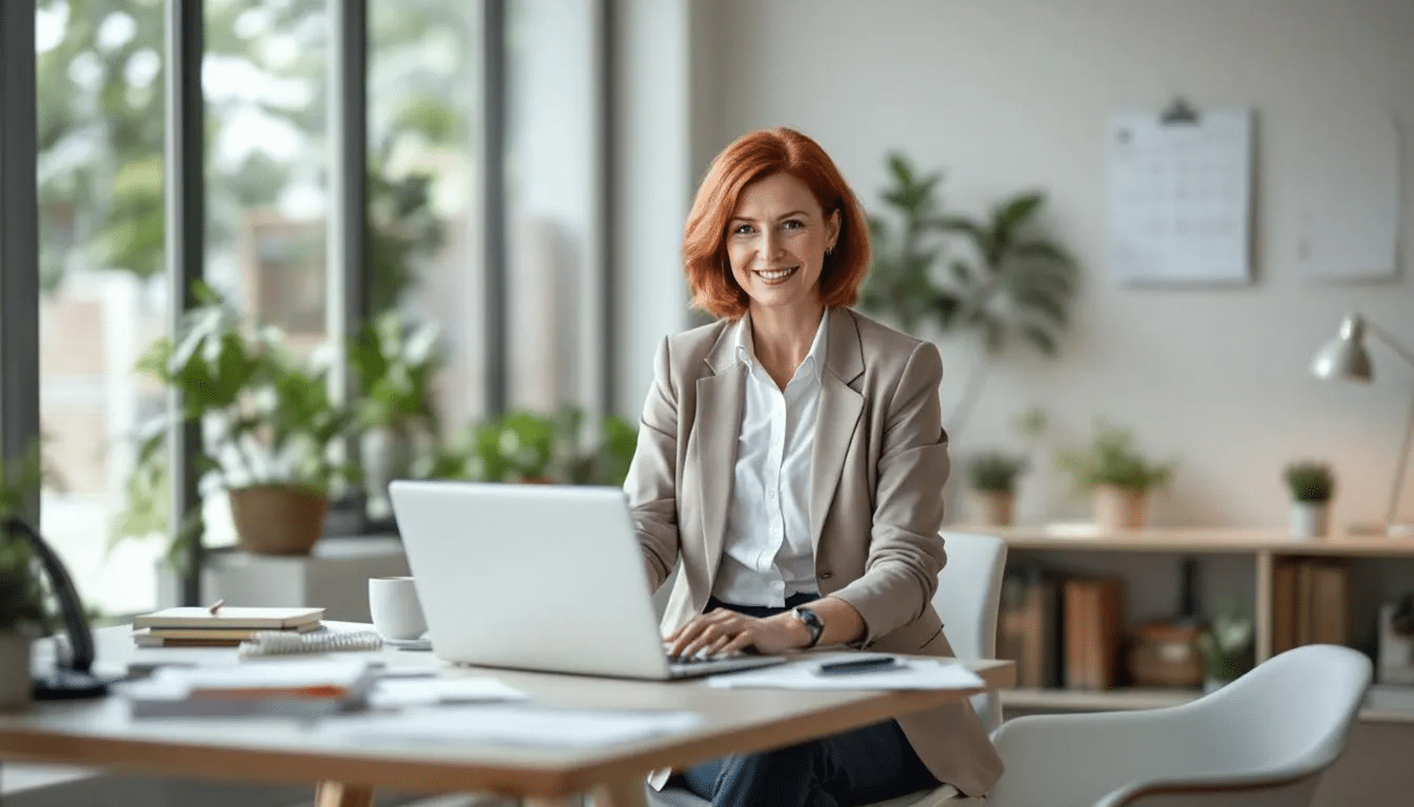 A female real estate agent multi-tasking in her office