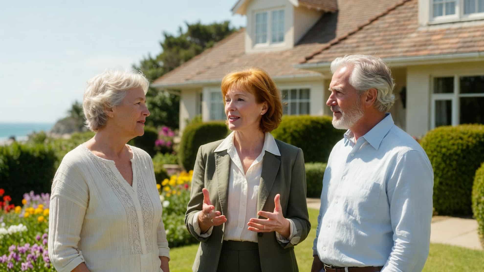 A couple in their 70s interviewing a realtor about selling their home
